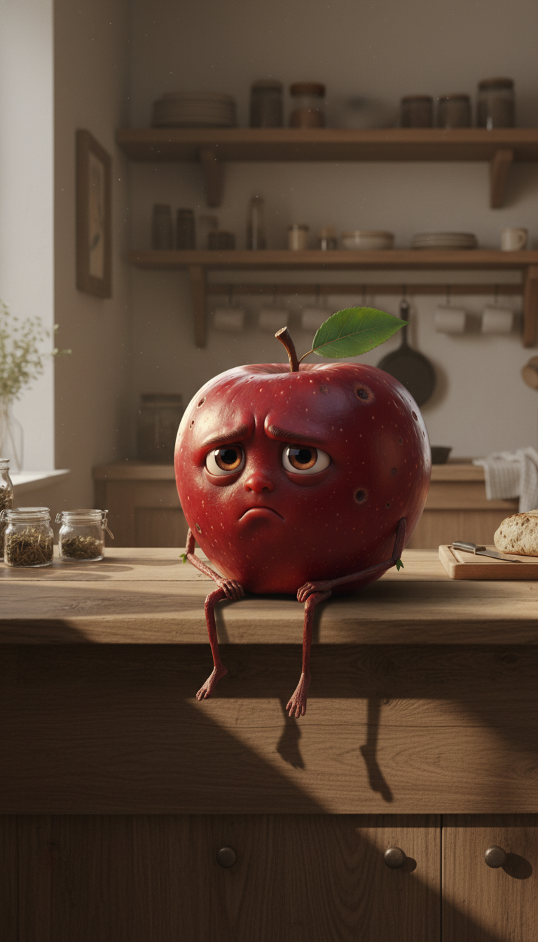 A short made with Scenes AI: Apple with cute face is singing his sad story angrily